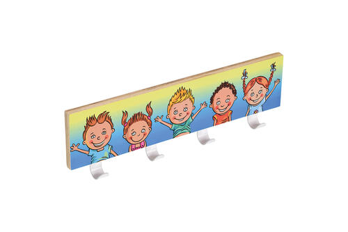 Moderný vešiak na stenu - veselé deti (40x10 cm) so 4 bielymi vešiačikmi