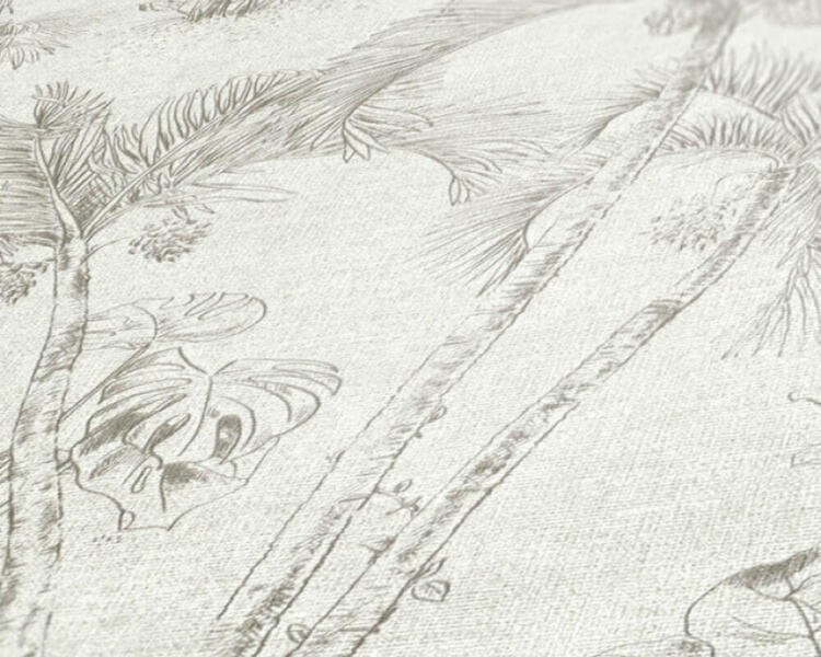 Tapeta so vzorom džungle s palmovými listami a zvieracím motívom - béžová, sivá detail