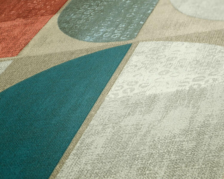 Tapeta s geometrickým retro vzorom, škandinávsky štýl - béžová, červená, modrá detail