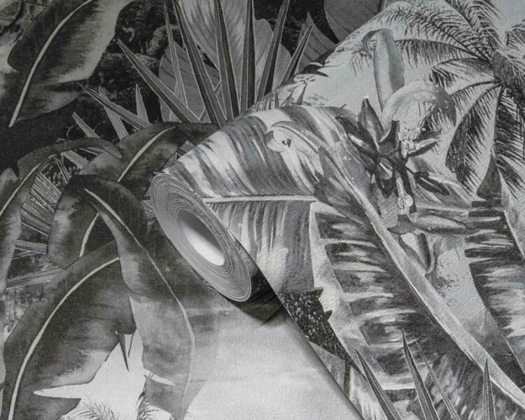 Čiernobiela tapeta so vzorom džungle s palmami