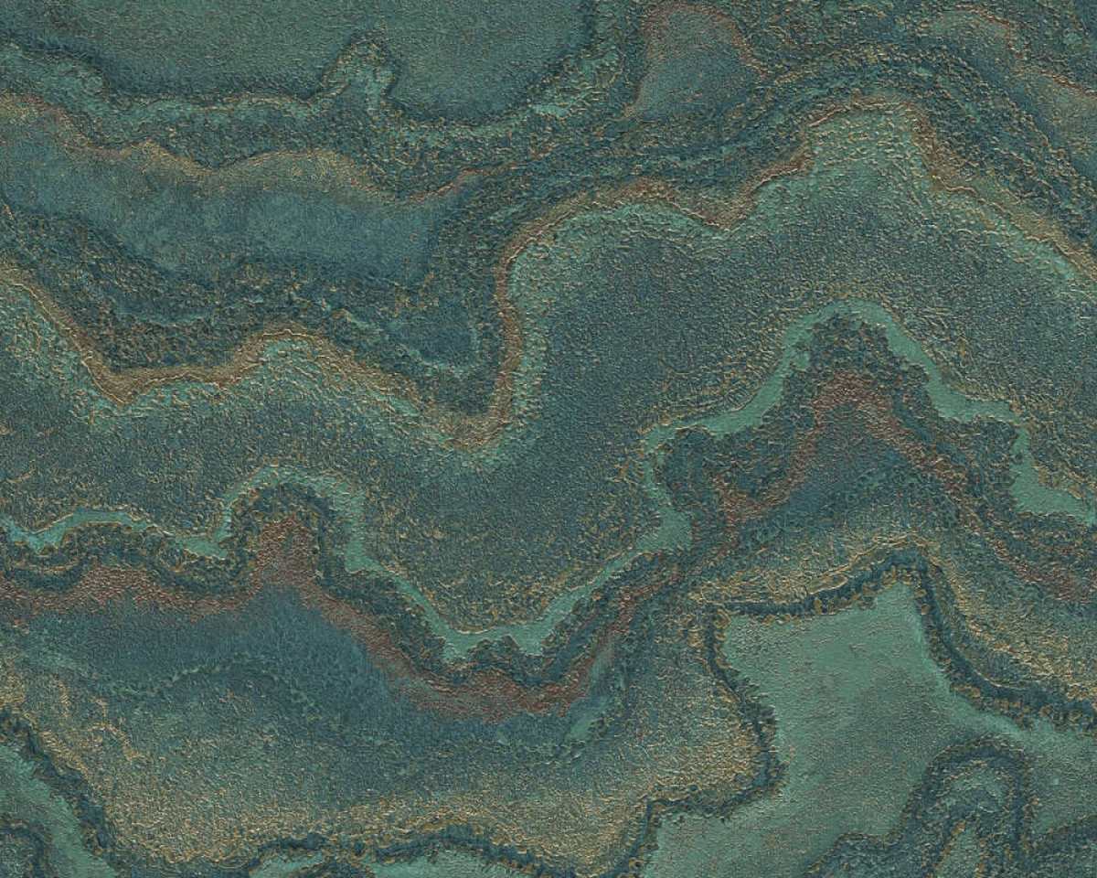 Tyrkysová tapeta s mramorovým dizajnom a metalickým medeným odleskom, vlies