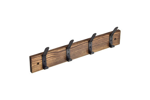 Drevený vešiak na stenu - palisandrové drevo (50x8 cm) so 4 čiernymi vešiačikmi