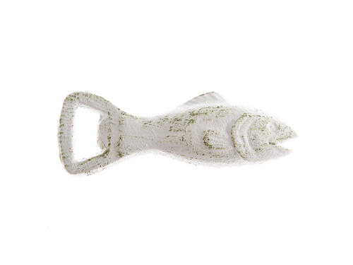 Dekorácie z liatiny, patinovaný otvárak na fľaše – biela ryba, 11 cm