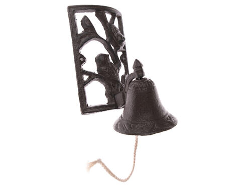 Dekorácie z liatiny, patinovaný zvonec s vtáčikmi – hnedý, 24 cm