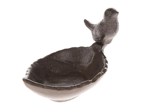 Dekorácie z liatiny, patinovaná miska s vtáčikom – hnedý, 17 cm