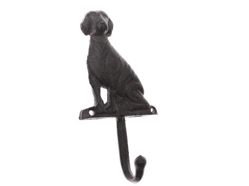 Dekorácie z liatiny, patinovaný vešiak – hnedý pes, 18,5 cm