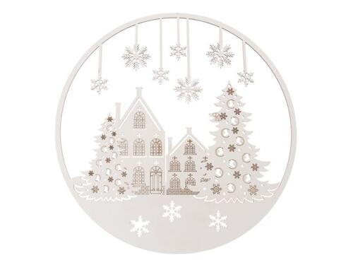 Závesná vianočná ozdoba - Biely drevený kruh s vločkami 37 cm