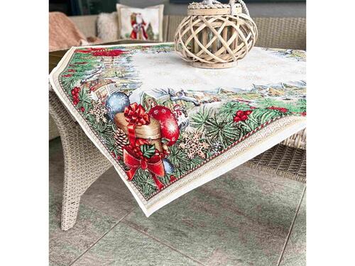Vianočný gobelínový obrus chenille, Vianočný motív s domčekami a borovicou 100 x 100 cm
