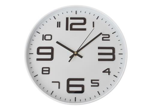 Nástenné plastové hodiny, 30,5 cm – Biele s čiernymi číslami