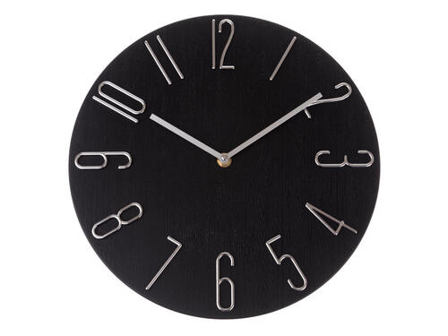 Nástenné plastové hodiny, 30,5 cm – Čierne s striebornými číslami