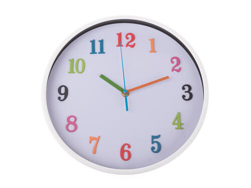 Nástenné plastové hodiny, 30,5 cm – Biele s farebnými číslami