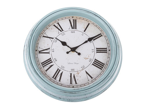 Nástenné plastové hodiny, 30,5 cm – Patinové s rímskymi číslami a modrým okrajom