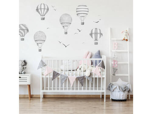 Textilné samolepky do detskej izby, Sivé teplovzdušné balóny
