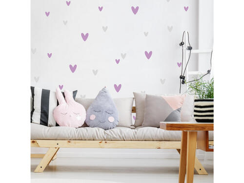 Textilná nálepka do detskej izby - Srdiečka vo fialovej a sivej farby 30 x 90 cm