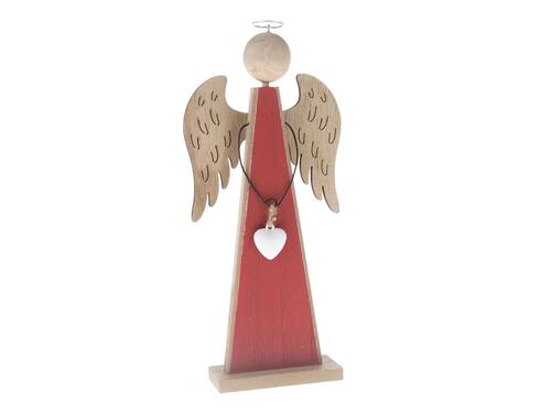 Drevená ozdoba - Anjel so srdcom červený 25 cm