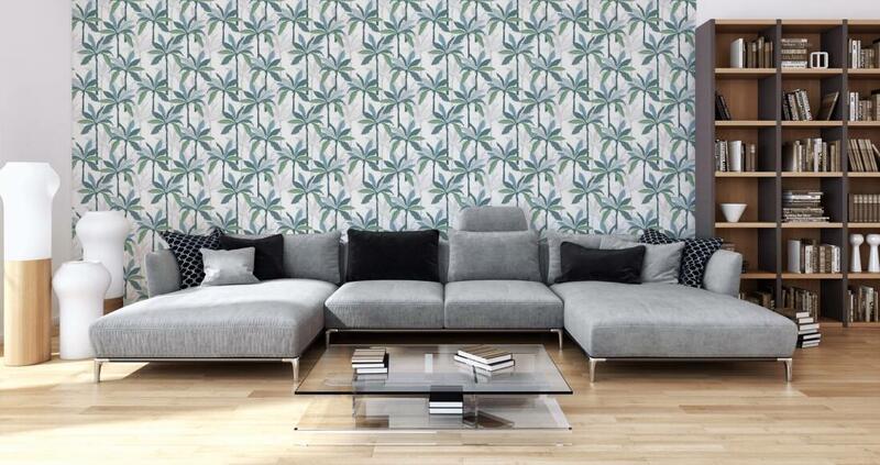 Tropická tapeta do obývačky s dizajnom palmy - modrá, zelená, biela