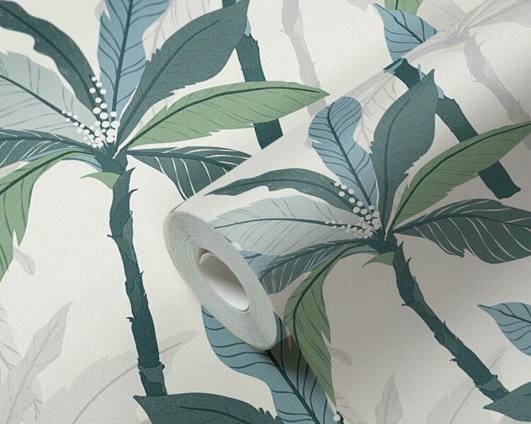 Tropická tapeta s dizajnom palmy - modrá, zelená, biela