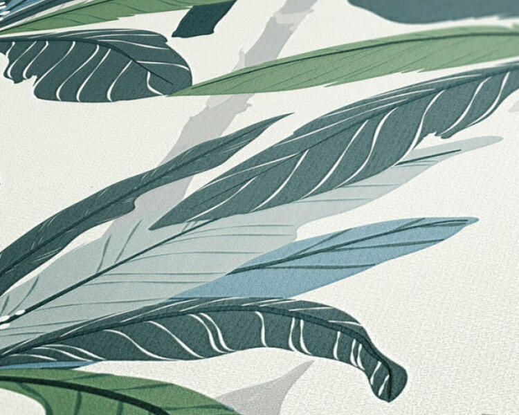 Tropická tapeta s dizajnom palmy - modrá, zelená, biela detail