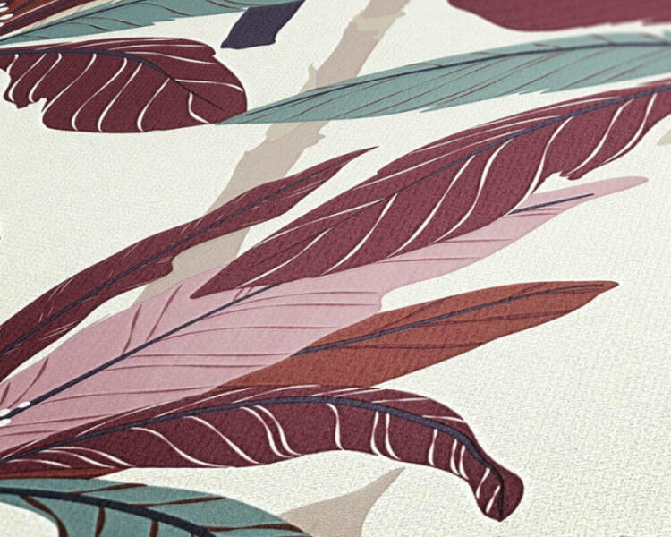 Tapeta s tropickým vzorom palmy - červená, béžová, krémová detail