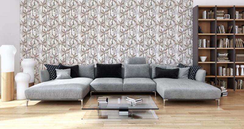 Tapeta do obývačky palmový dizajn tropický vzor - šedá, béžová, biela