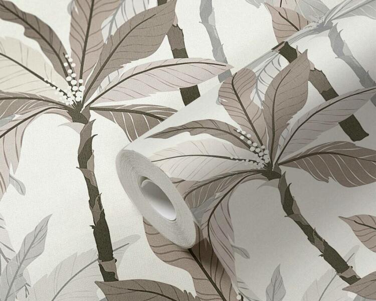 Tapeta palmový dizajn tropický vzor - šedá, béžová, biela