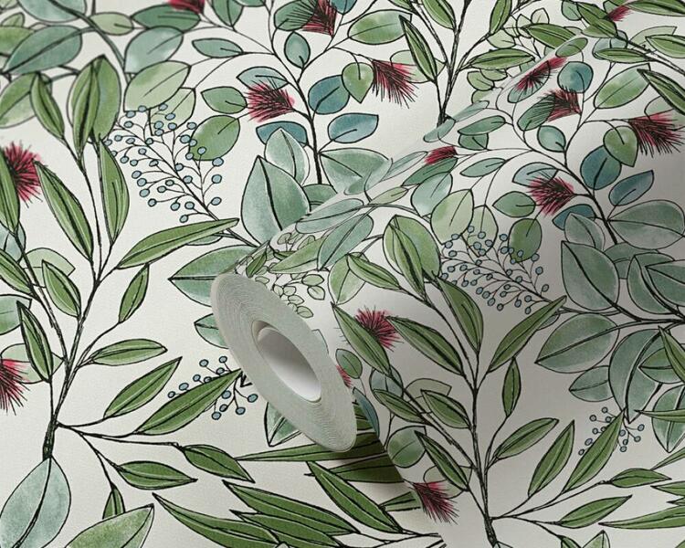 Tapeta s motívom listov v štýle kresby - zelená, biela, fialová