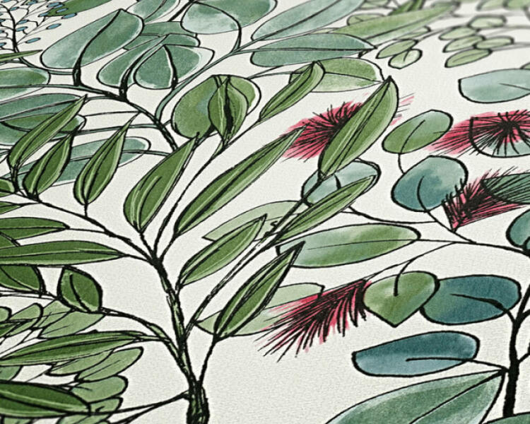 Tapeta s motívom listov v štýle kresby - zelená, biela, fialová detail
