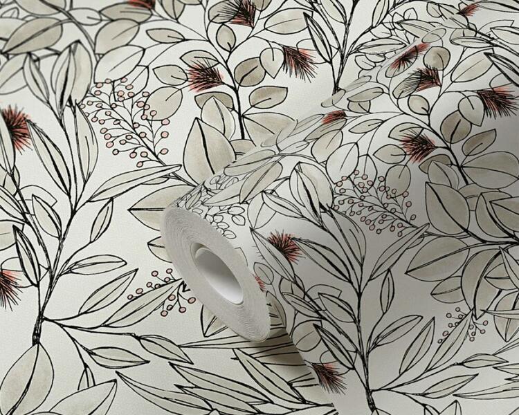 Tapeta s motívom listov v kreslenom štýle - béžová, biela, ružová
