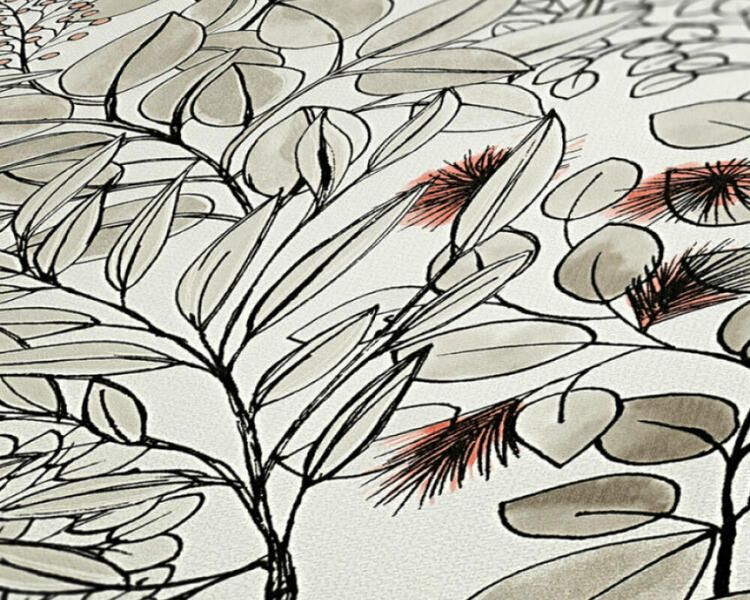 Tapeta s motívom listov v kreslenom štýle - béžová, biela, ružová detail