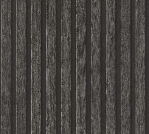 Moderná tapeta s imitáciou drevených tmavošedých lamiel vystupujúcich z čierneho podkladu