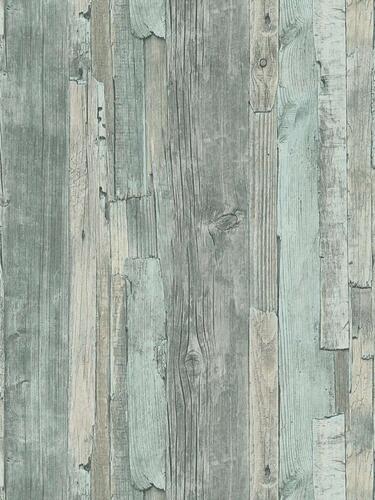 Drevená tapeta s motívom dosiek, drevenou štruktúrou a kresbou – zelená, šedá, rozmer: 10,05 m x 0,53 m (5,33 m²), TA-309954055