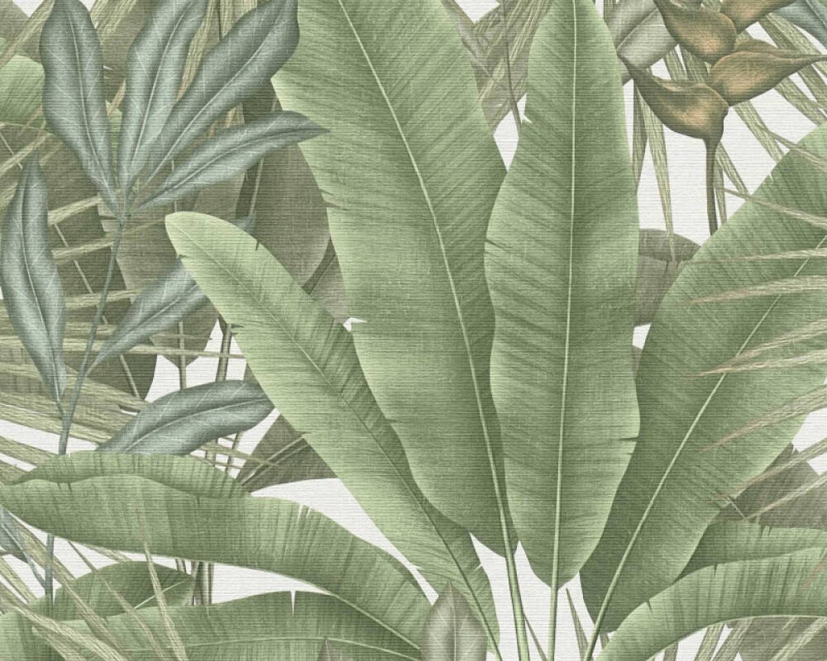 Vliesová tapeta, Tropické zelené  listy v krémovom
