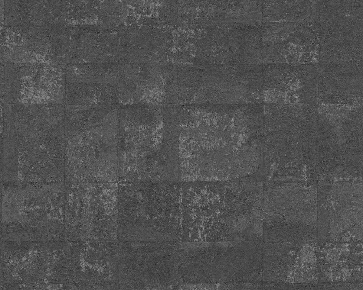 Šedočierna tapeta s dlaždicovým vzhľadom v industriálnom štýle s lesklým efektom, vlies