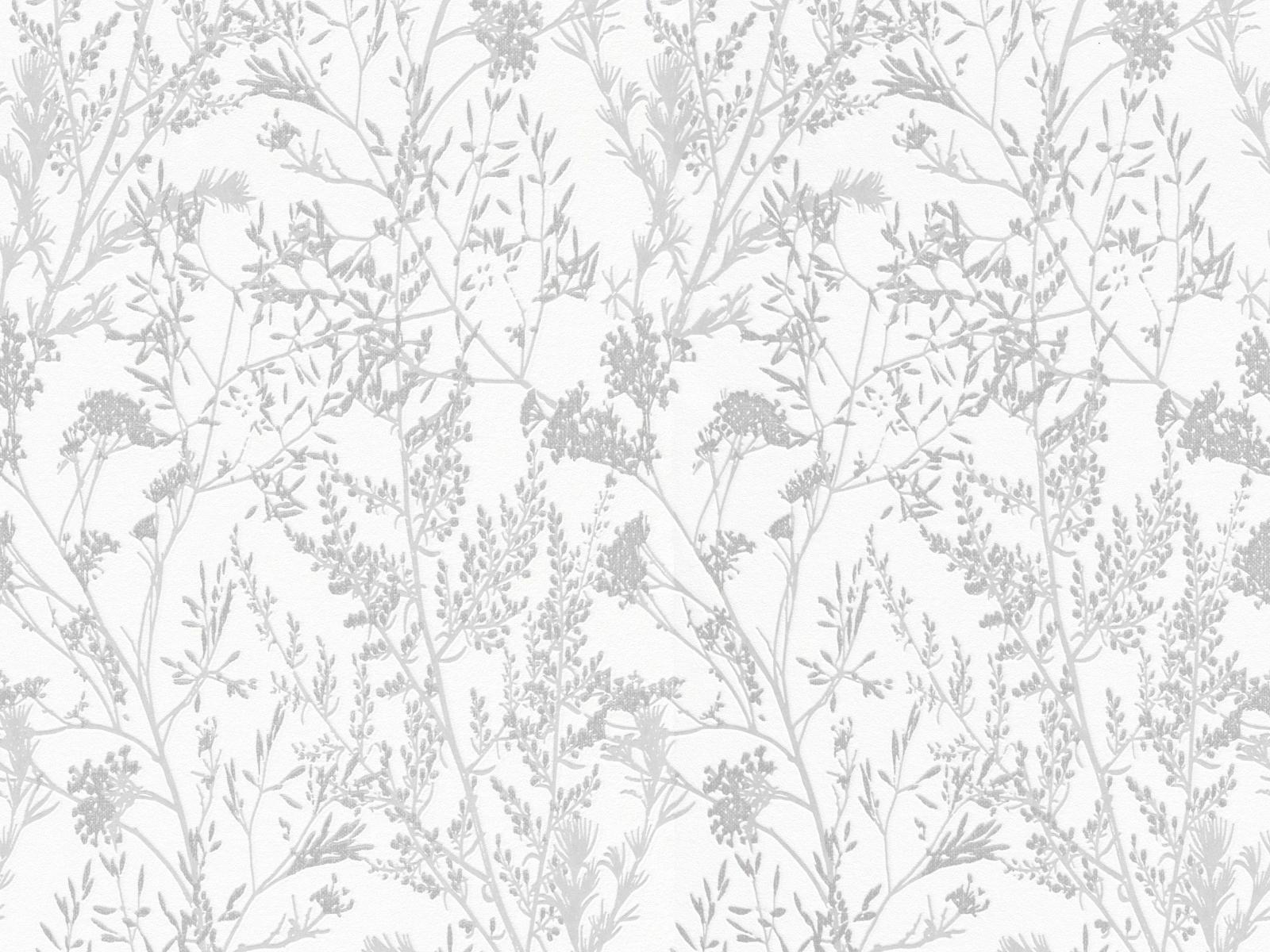 Vliesová biela tapeta so svetlo-šedými lúčnymi kvetmi, ER-601601