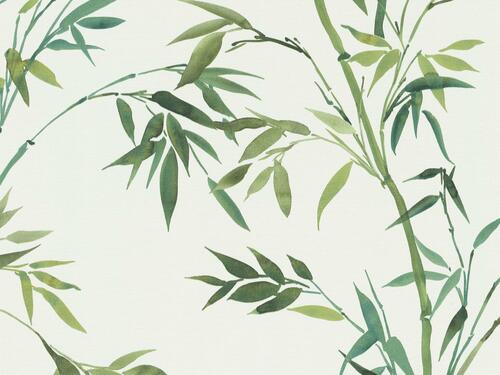Vliesová tapeta zelené bambusové listy v bielom pozadí, ER-601882
