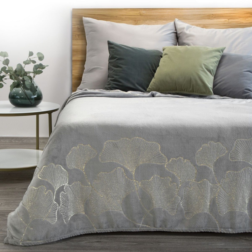Jednofarebná deka s lesklým vzorom - Ginko šedá 150 x 200 cm