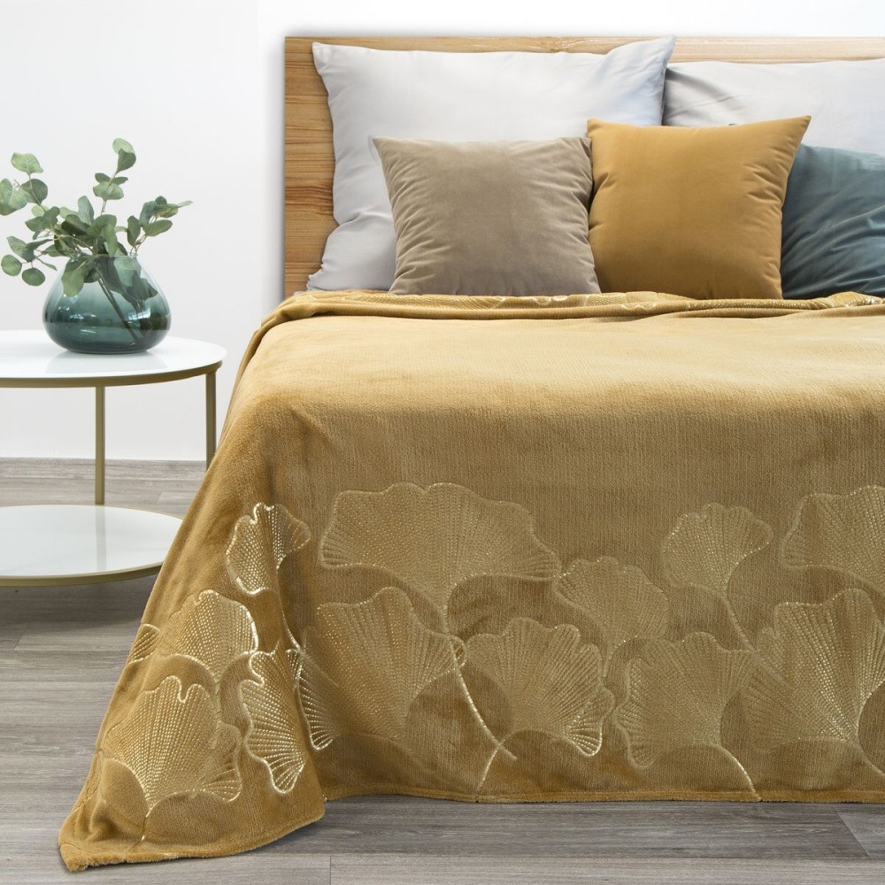 Jednofarebná deka s lesklým vzorom - Ginko žltá 150 x 200 cm