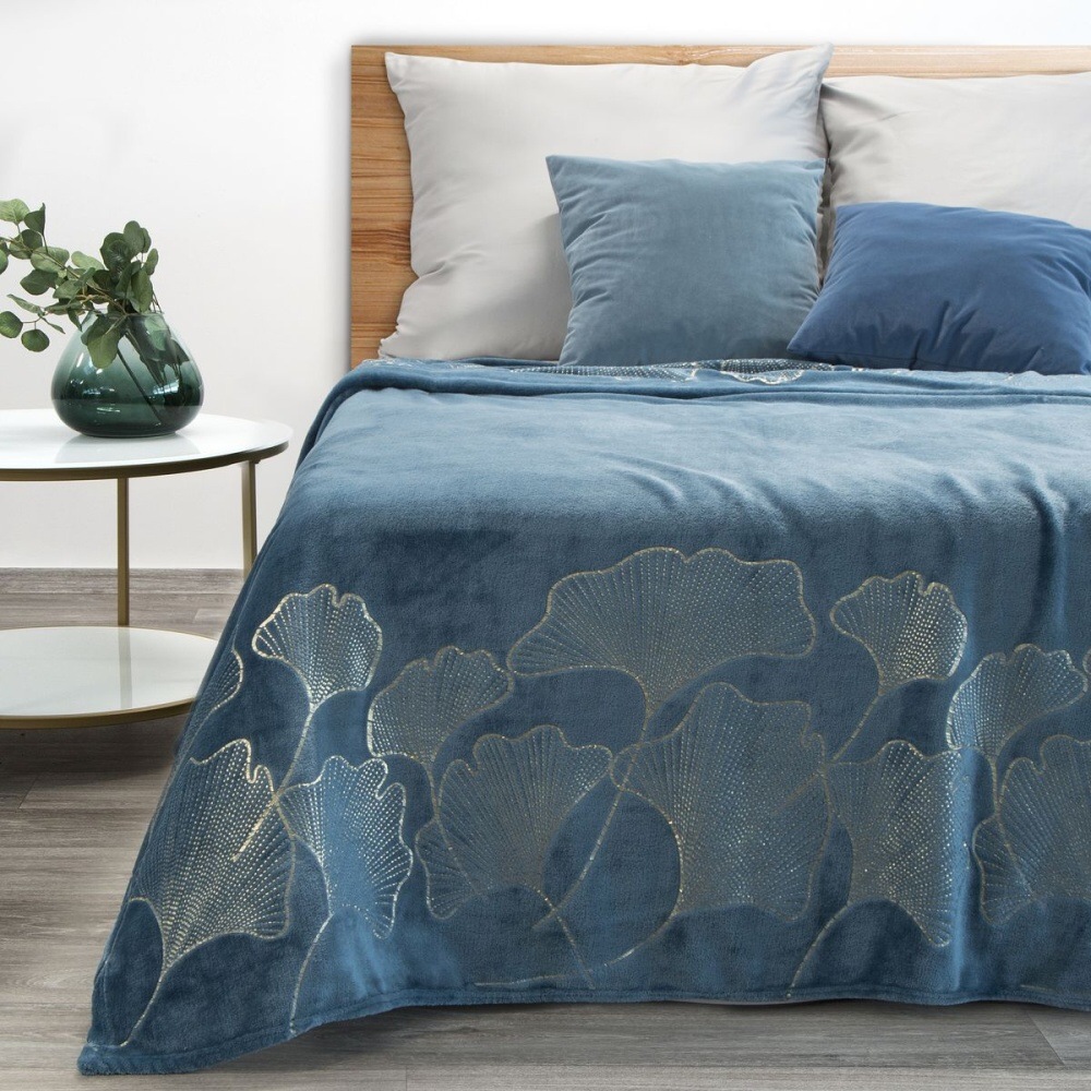 Jednofarebná deka s lesklým vzorom - Ginko modrá 150 x 200 cm