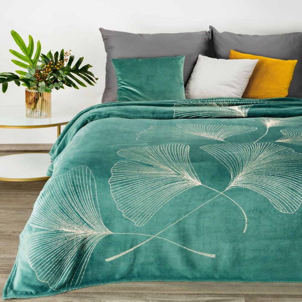 Jednofarebná deka s lesklým vzorom - Ginko zelená 150 x 200 cm
