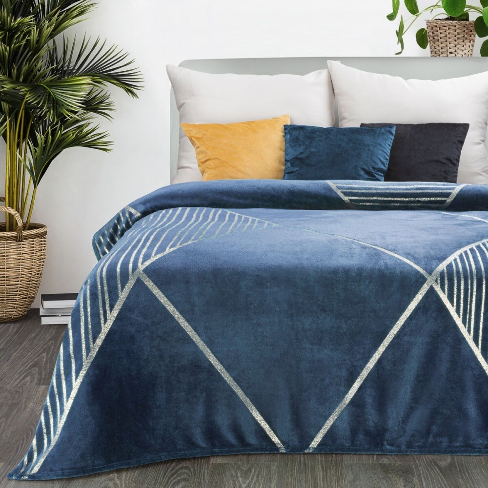 Jednofarebná deka s lesklým vzorom - Ginko 4 modrá 150 x 200 cm