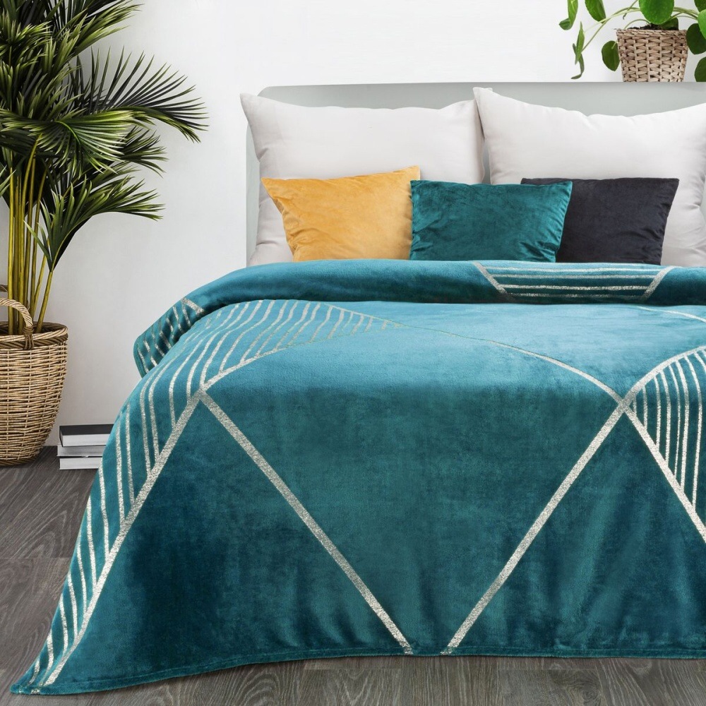 Jednofarebná deka s lesklým vzorom - Ginko 4 tyrkysová 150 x 200 cm
