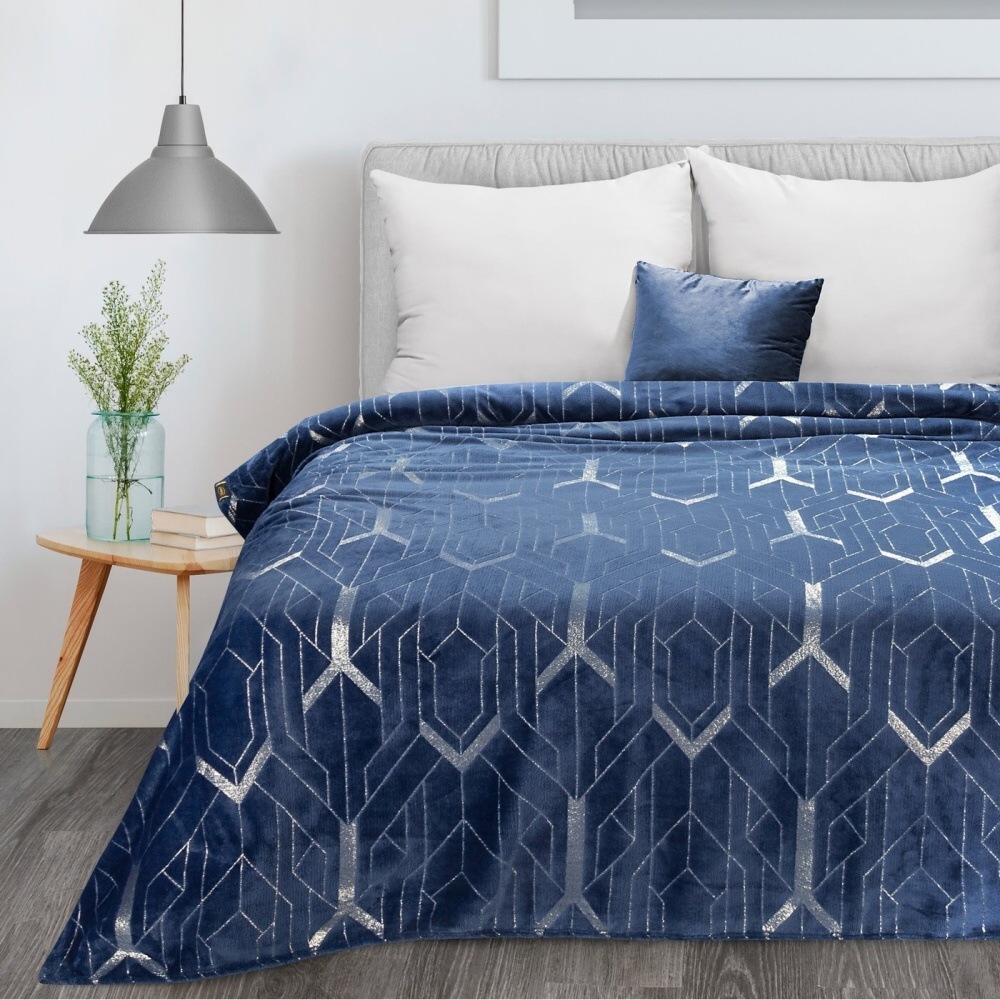 Jednofarebná deka s lesklým vzorom - Ginko 4 modrá 150 x 200 cm