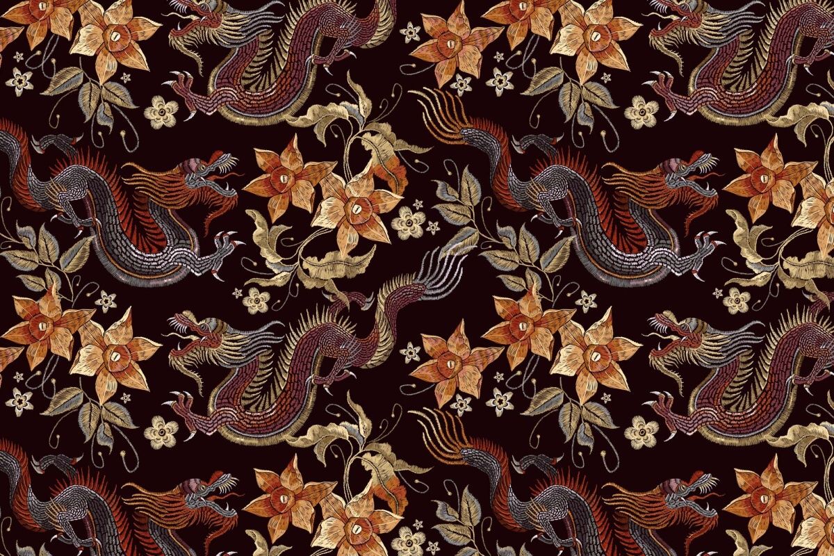 Fototapeta MS-5-2498Vyšívaný vzor drakov a kvetov 375 x 250 cm