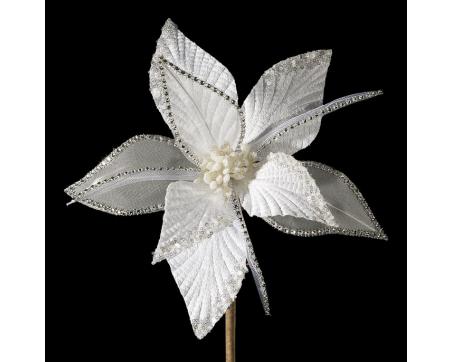 Dekoračný vianočný kvet - bielostrieborný 26 cm