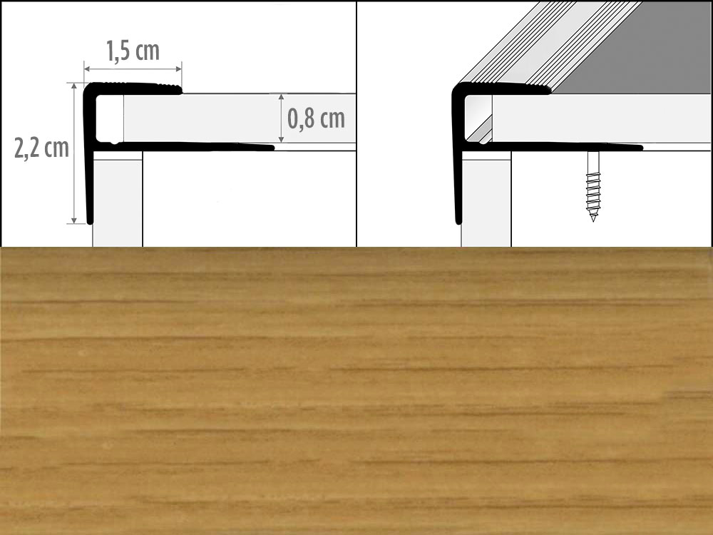 Prechodové lišty s lištou A60 šírka 1,5 x 2,2 cm dĺžka 270 cm - dub